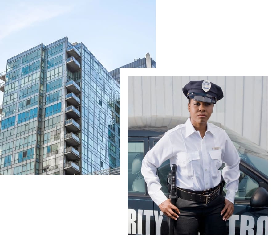 A police officer standing next to a building.