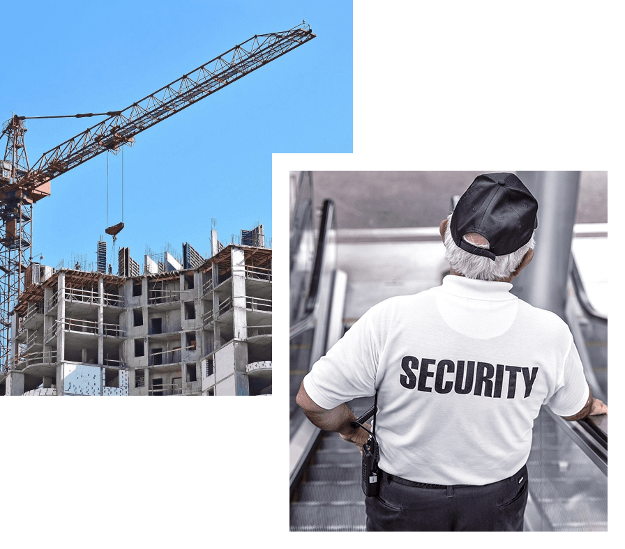 A security guard standing next to a building under construction.
